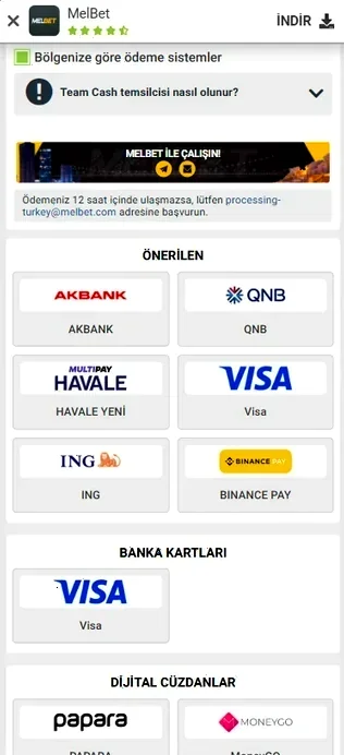 Melbet mobil uygulamada para yatırma ekranı ve önerilen ödeme yöntemleri