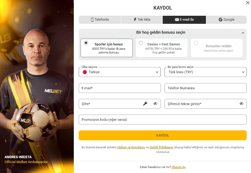 Melbet KAYDOL E-mail ile sekmesi — e-mail, şifre, telefon alanları