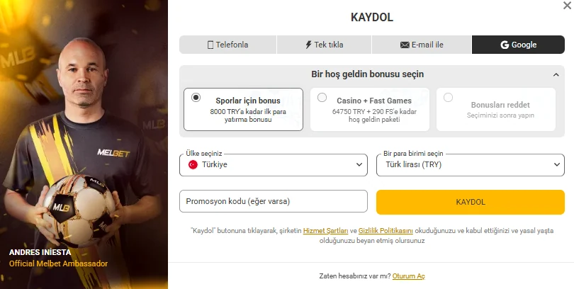 Melbet KAYDOL Google sekmesi — OAuth 2.0 tek tıkla kayıt