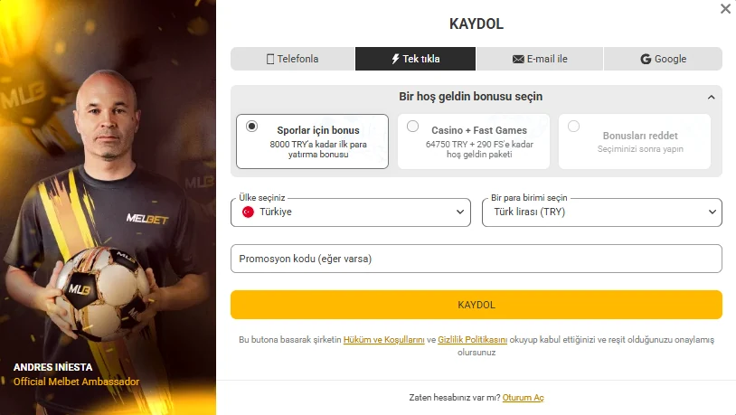 Melbet KAYDOL Tek tıkla sekmesi — Türkiye ve TRY seçili