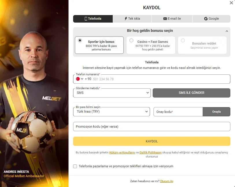 Melbet KAYDOL Telefonla sekmesi — +90 telefon numarası ve SMS ile Gönder