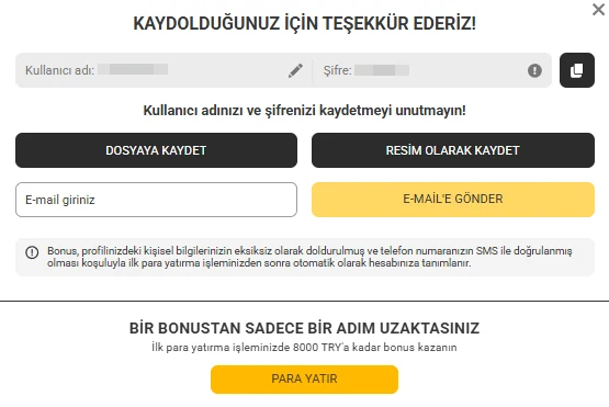 Melbet kayıt başarı ekranı — Kullanıcı adı ve şifre otomatik oluşturuldu