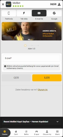 E-posta ile kayıt yöntemi ekran görüntüsü
